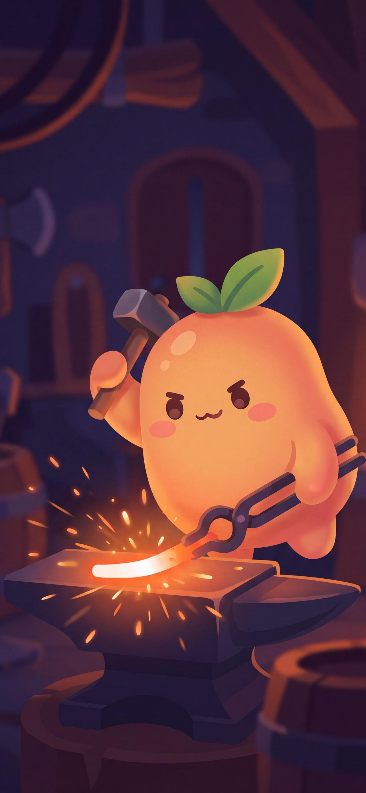 Mica striking glowing metal on an anvil, sparks flying