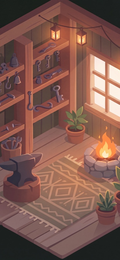 Mica's room: a warm wooden workshop with a fire, an anvil, and shelves filling with small forged objects